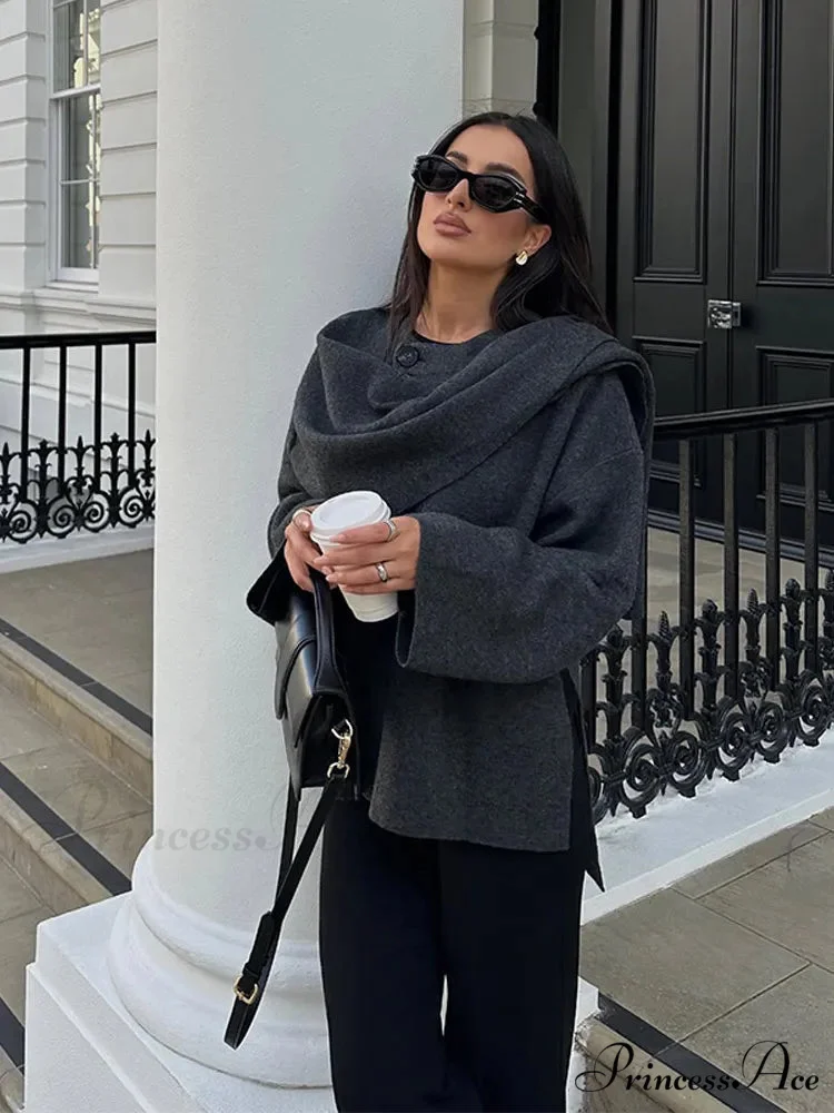 Deep-neck Generous Woolen Coat - Image 3