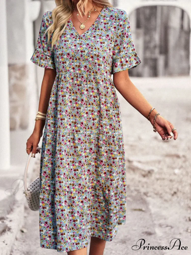 Deep-neck Graceful Flower Pattern A-line Vacation Dress - Image 10