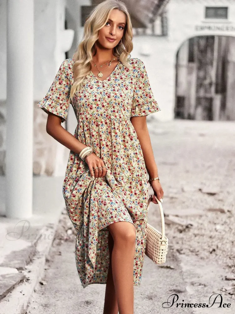 Deep-neck Graceful Flower Pattern A-line Vacation Dress - Image 2