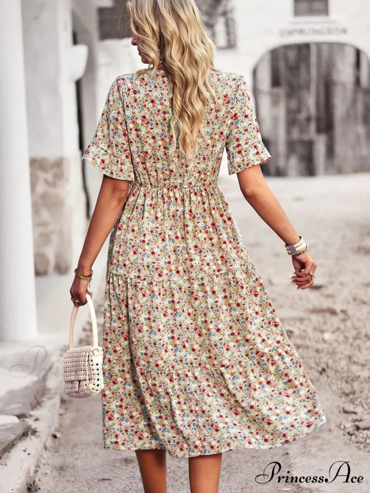 Deep-neck Graceful Flower Pattern A-line Vacation Dress - Image 3