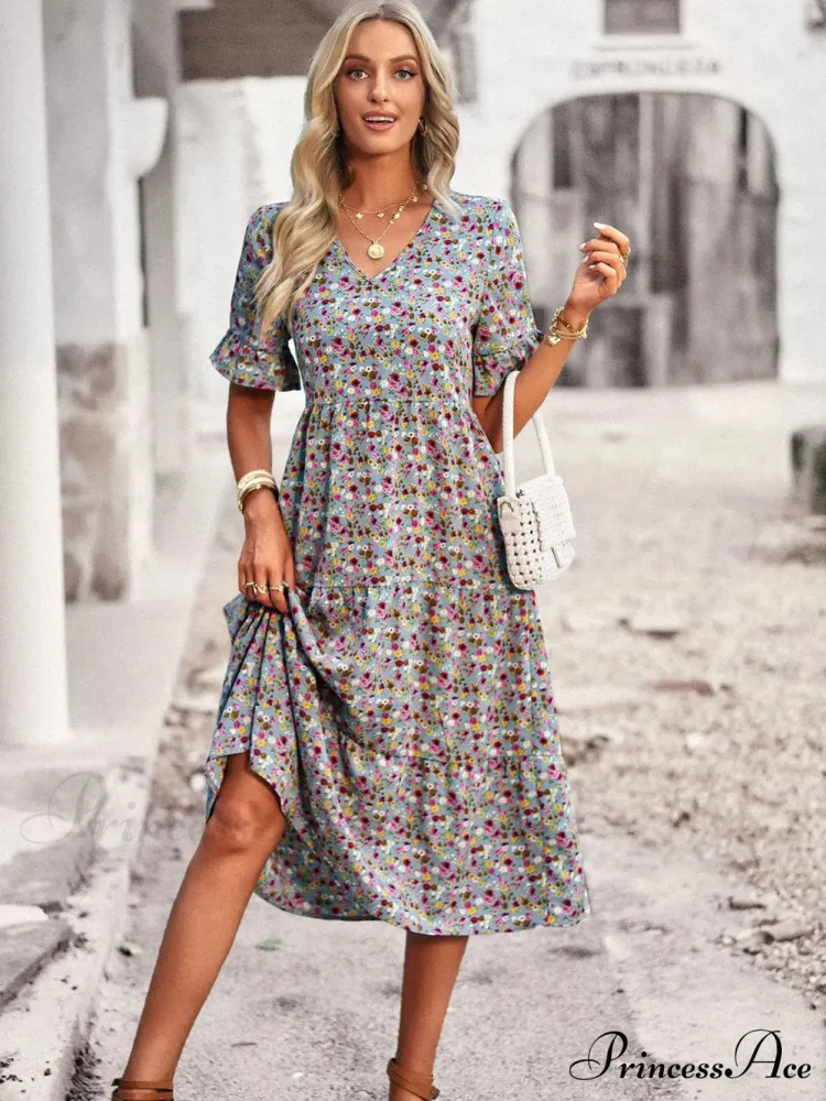 Deep-neck Graceful Flower Pattern A-line Vacation Dress - Image 4