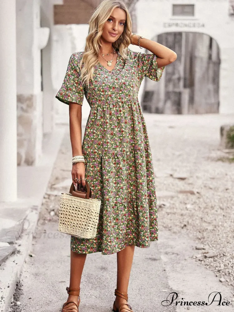 Deep-neck Graceful Flower Pattern A-line Vacation Dress - Image 5