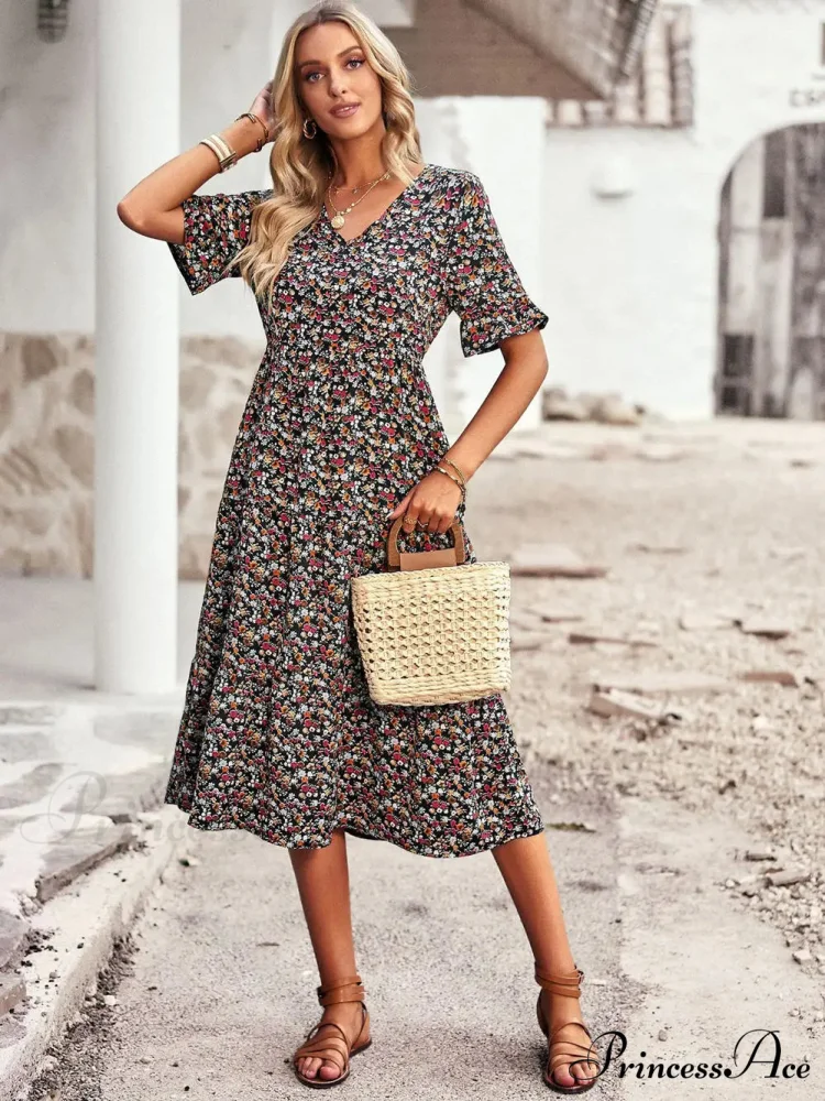 Deep-neck Graceful Flower Pattern A-line Vacation Dress - Image 6