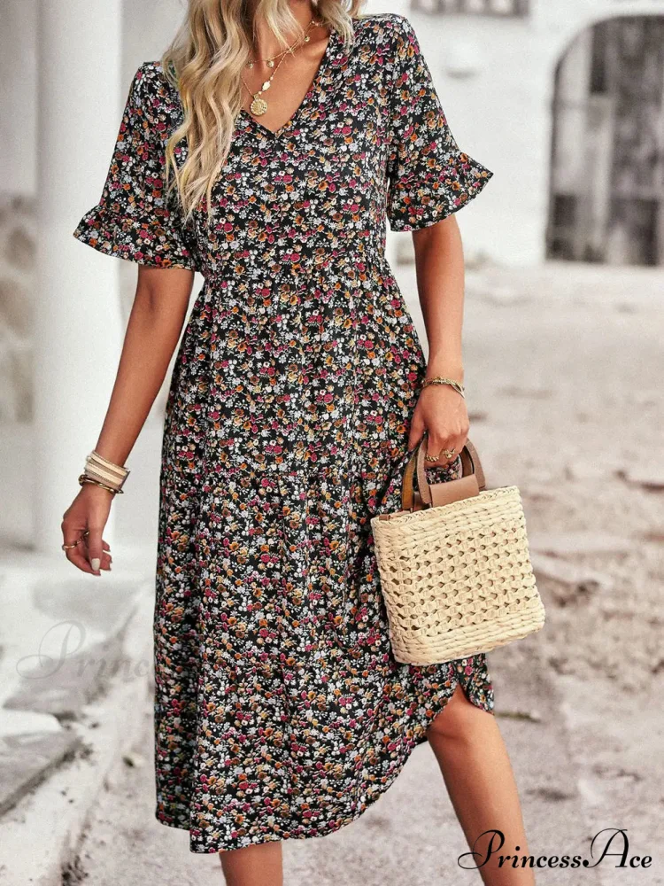 Deep-neck Graceful Flower Pattern A-line Vacation Dress - Image 7