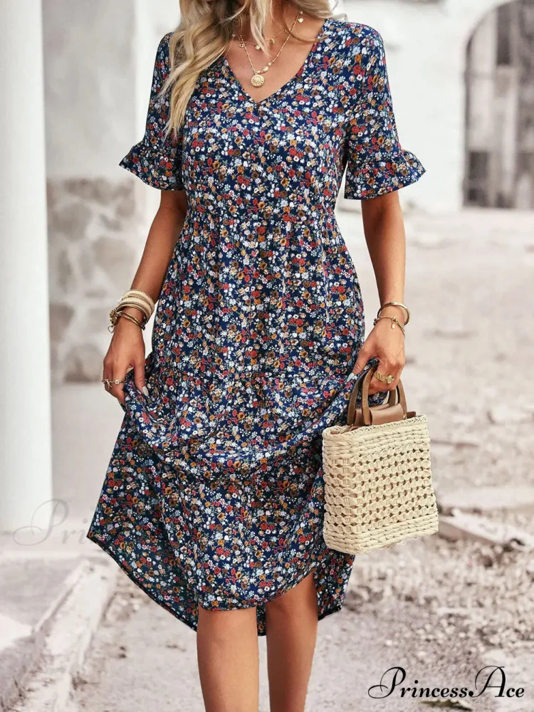 Deep-neck Graceful Flower Pattern A-line Vacation Dress - Image 8