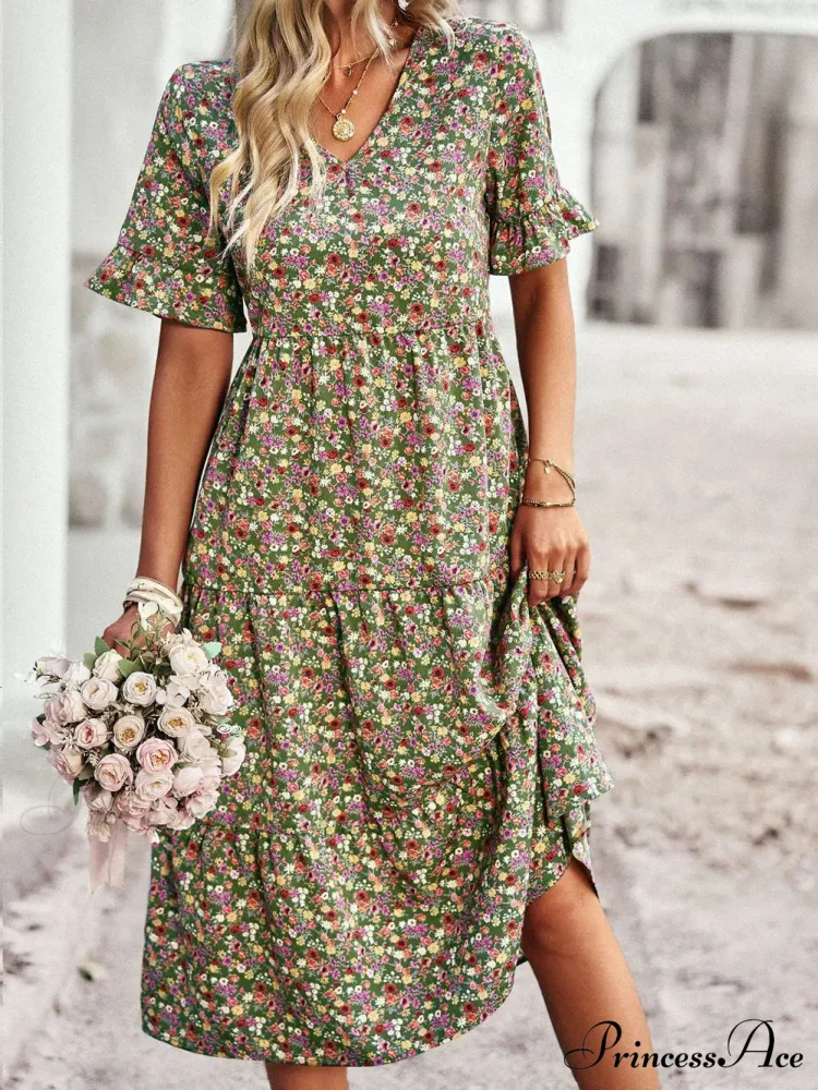 Deep-neck Graceful Flower Pattern A-line Vacation Dress - Image 9