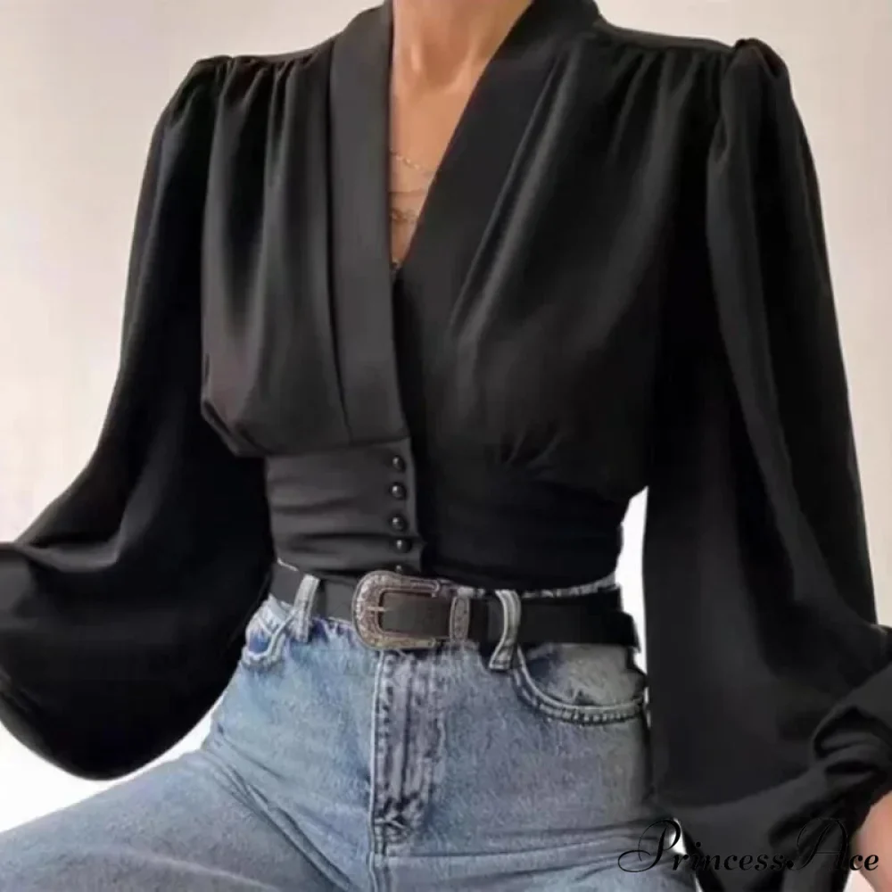Deep-neck High Waist Lantern Sleeve Silk Blouse - Image 3