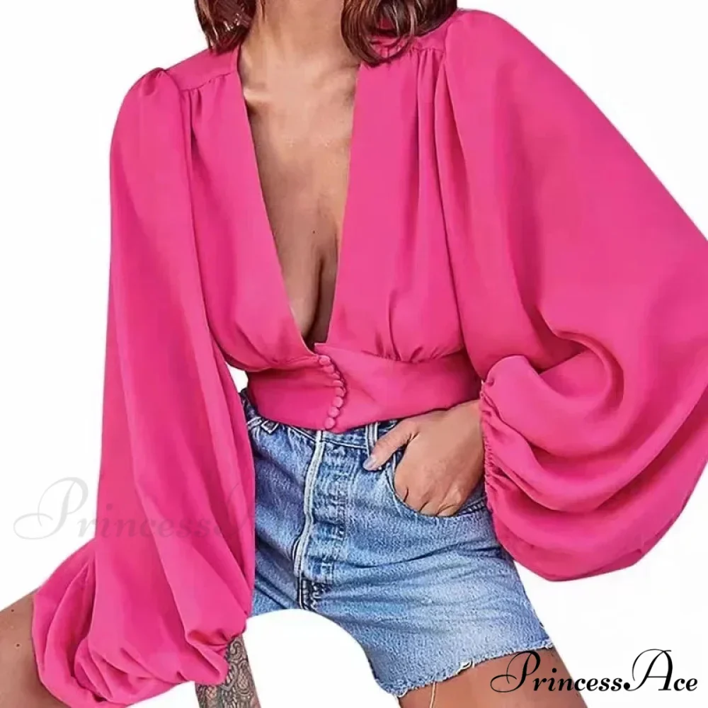 Deep-neck High Waist Lantern Sleeve Silk Blouse - Image 4