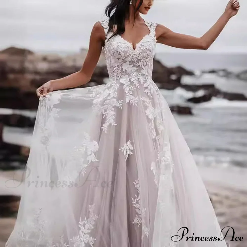Deep-Neck Lace Flared Wedding Gown - Image 3