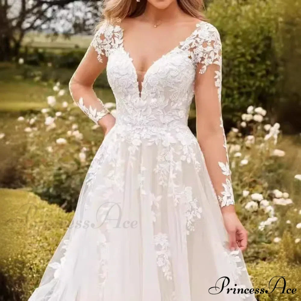 Deep-Neck Lace Flared Wedding Gown - Image 4