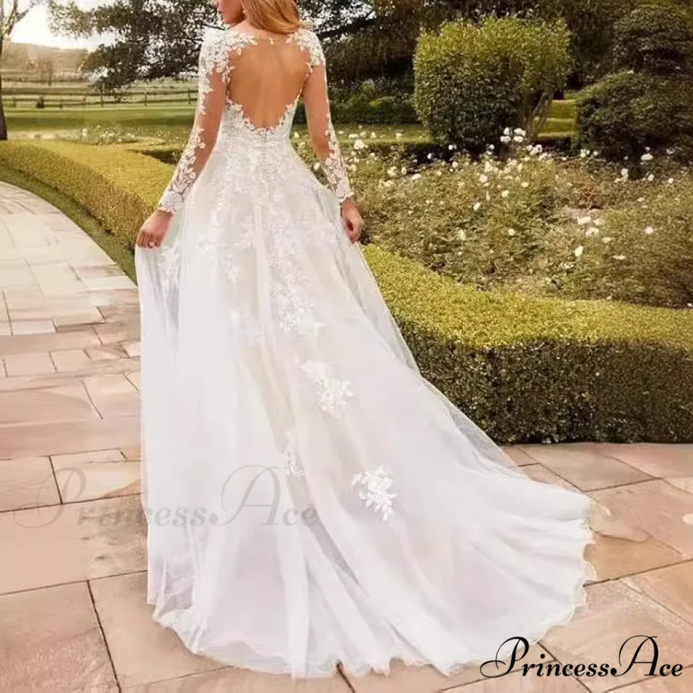 Deep-Neck Lace Flared Wedding Gown - Image 5