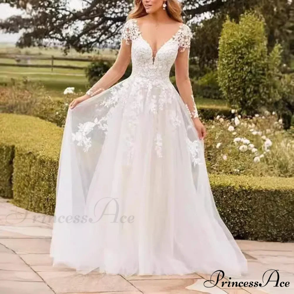 Deep-Neck Lace Flared Wedding Gown - Image 6
