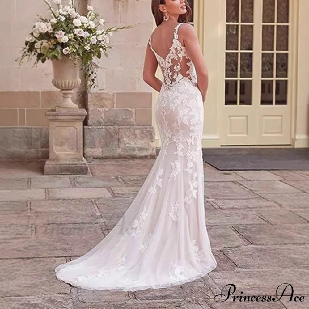 Deep-Neck Lace Mermaid Bridal Wedding Gown - Image 2
