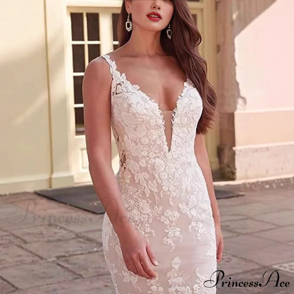 Deep-Neck Lace Mermaid Bridal Wedding Gown - Image 3