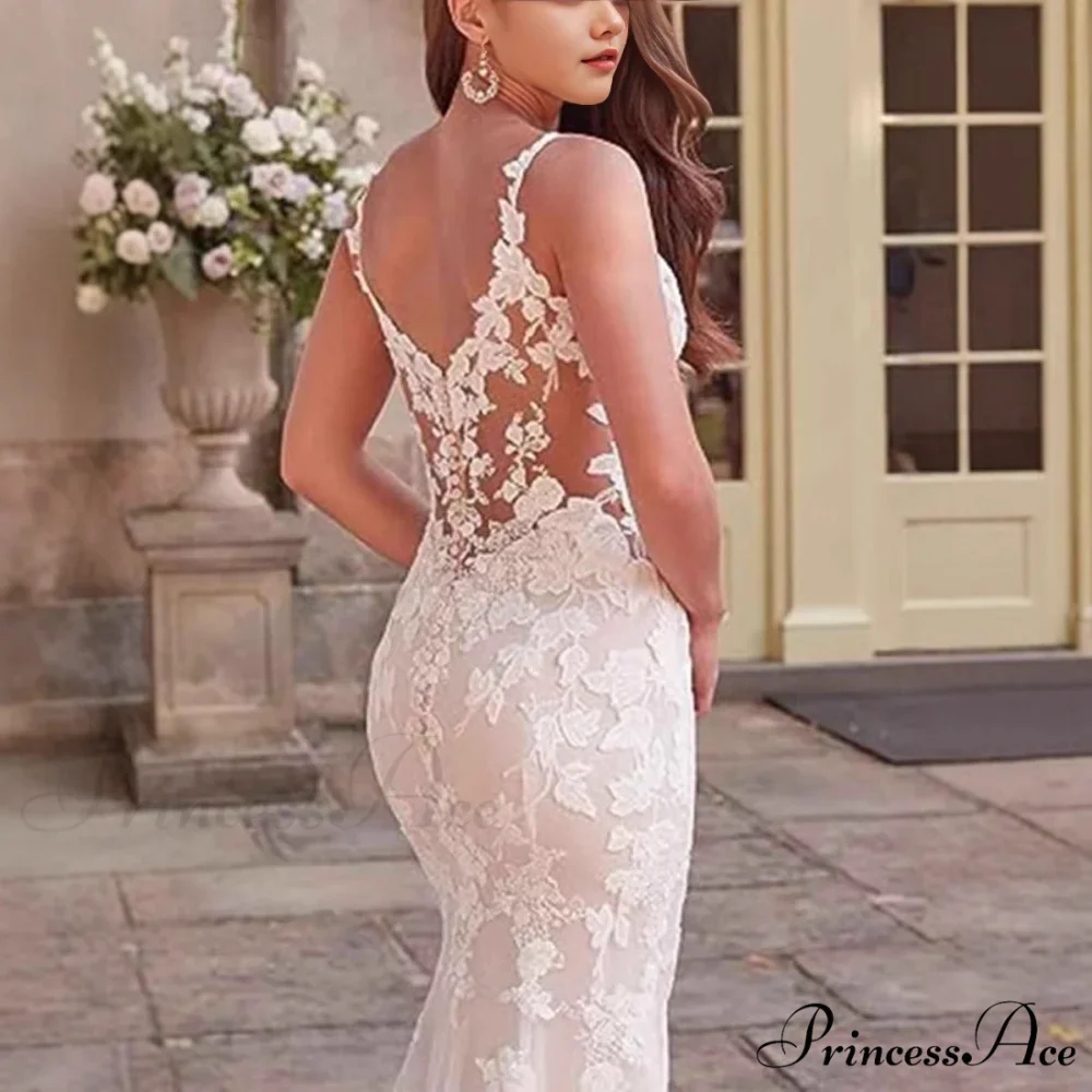Deep-Neck Lace Mermaid Bridal Wedding Gown - Image 4