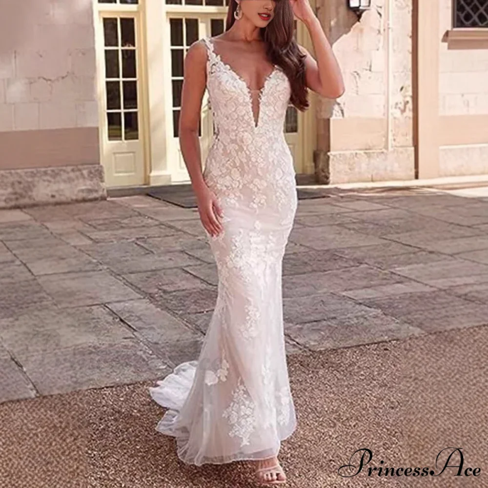 Deep-Neck Lace Mermaid Bridal Wedding Gown - Image 5