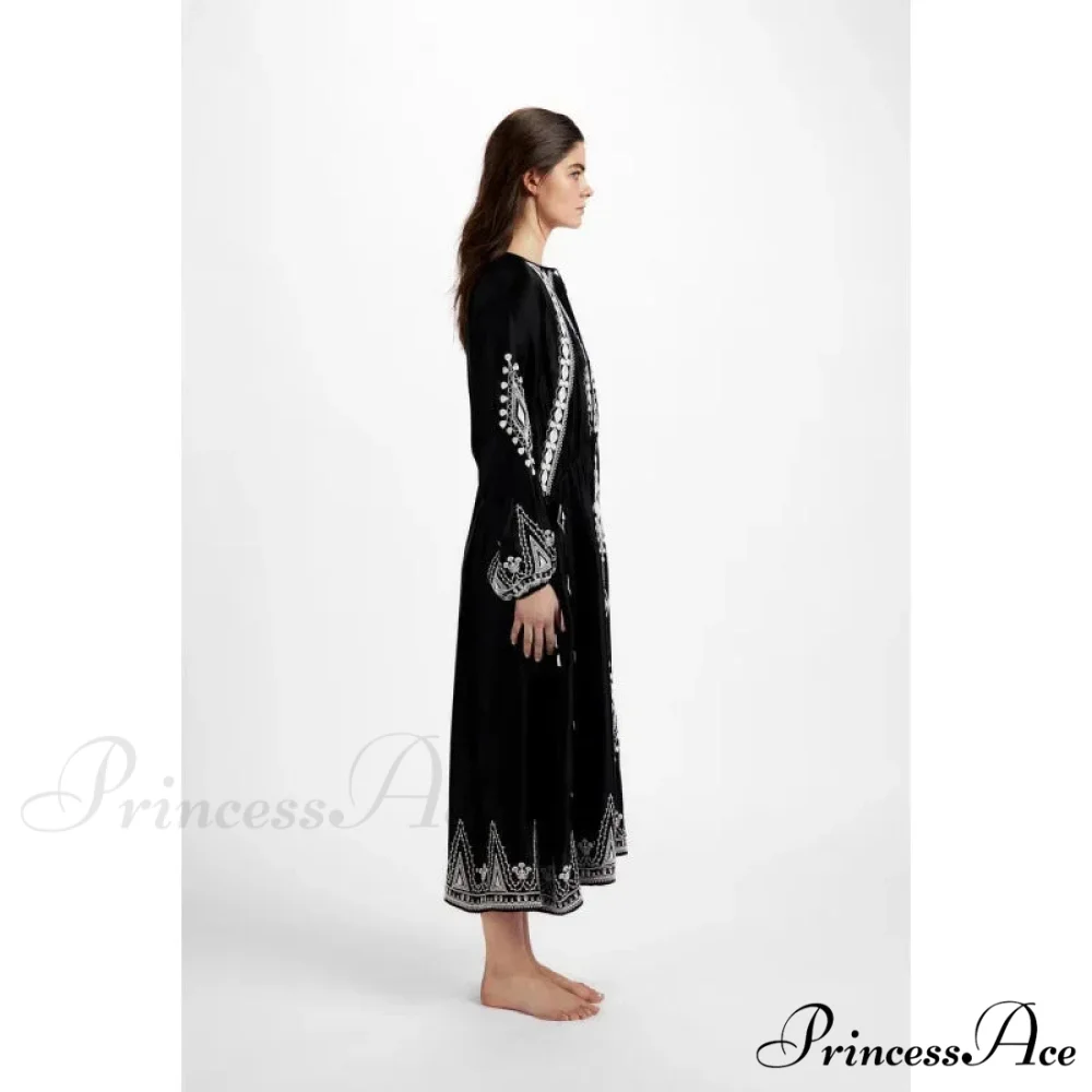 Deep-neck Lantern Sleeve Loose Fit Cotton Bohemian Dress - Image 4