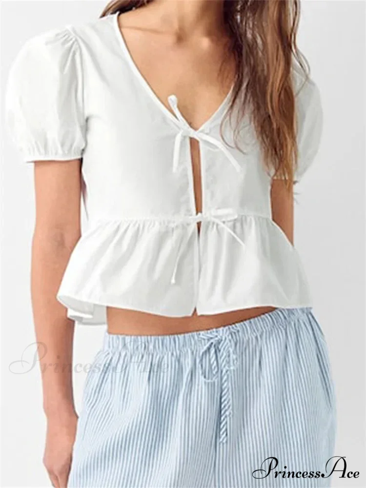Deep-neck Open Front Bind-up Short Sleeve Blouse - Image 2