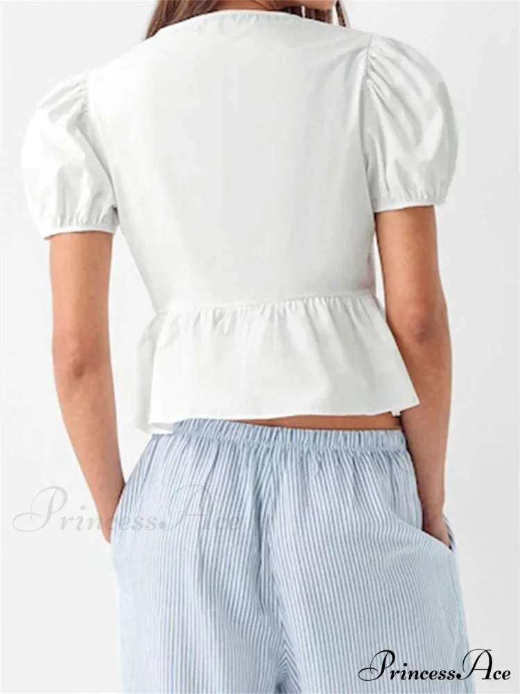 Deep-neck Open Front Bind-up Short Sleeve Blouse - Image 3