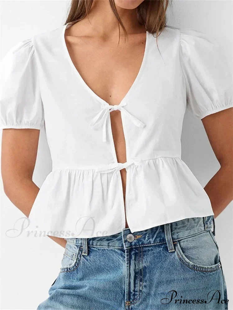 Deep-neck Open Front Bind-up Short Sleeve Blouse - Image 4
