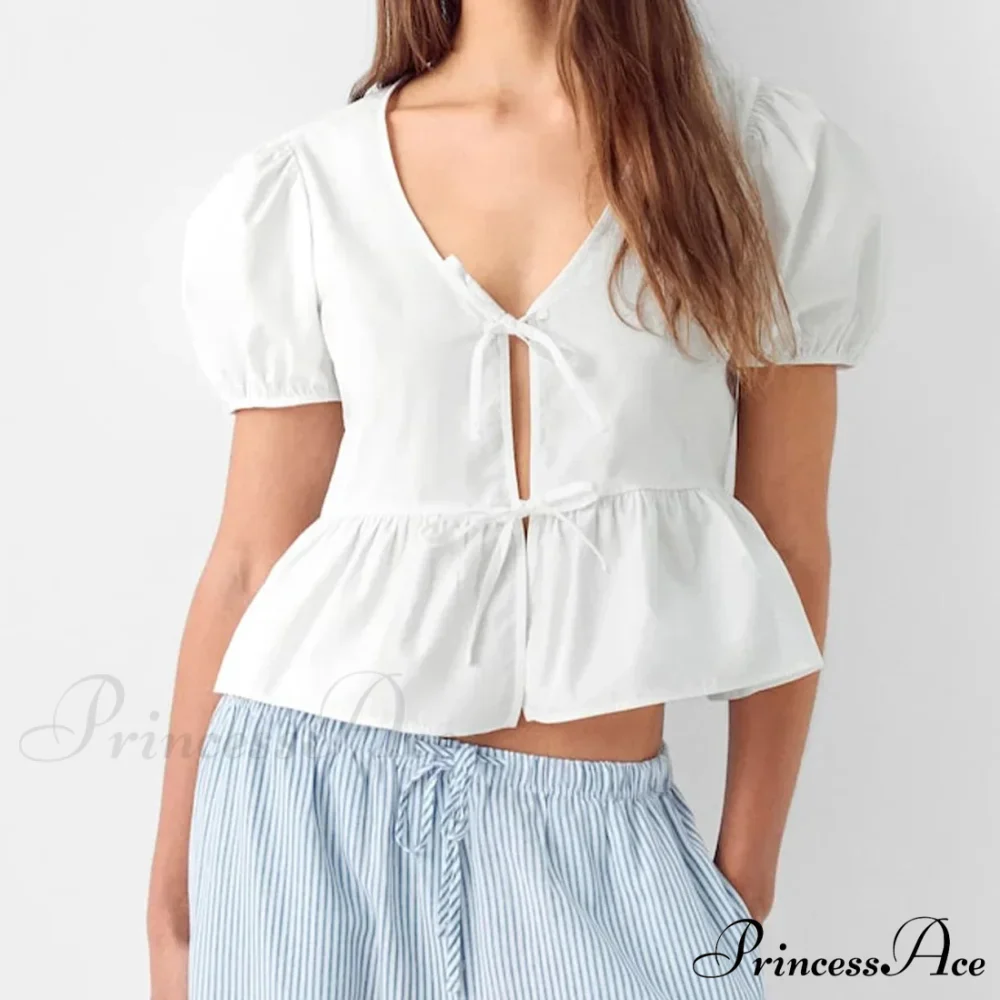 Deep-neck Open Front Bind-up Short Sleeve Blouse - Image 5