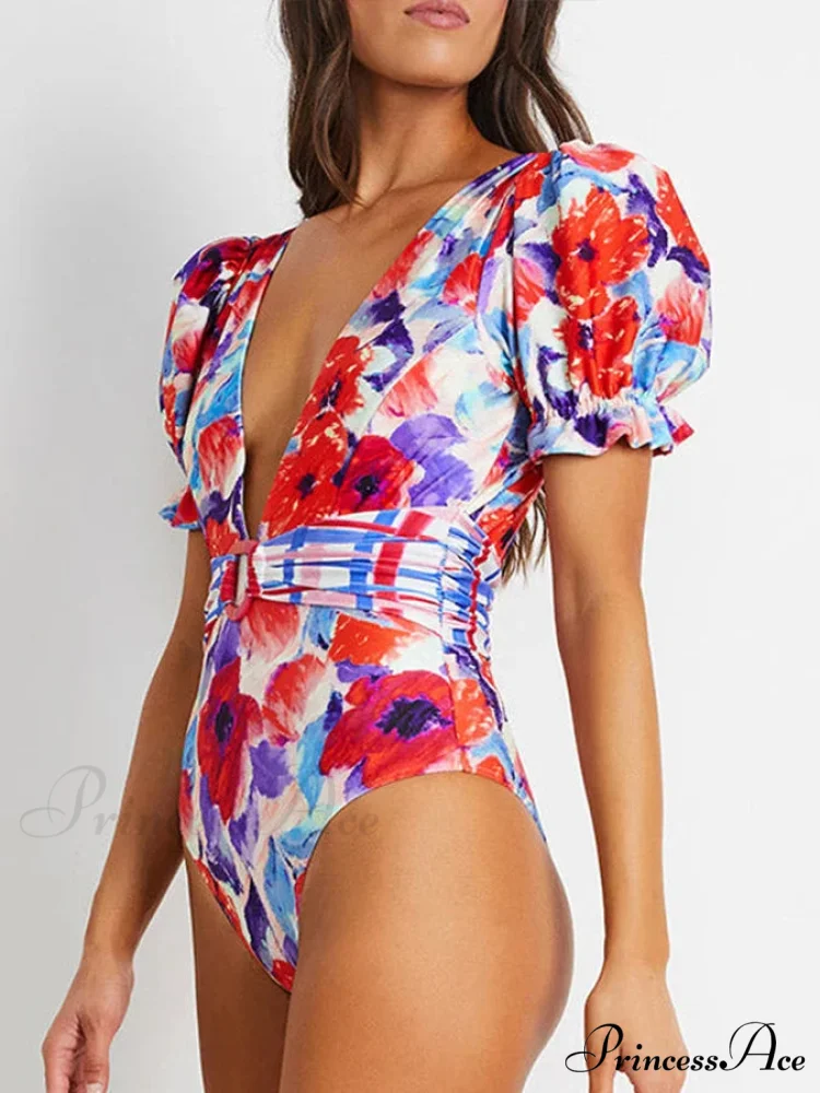 Deep-neck Patterned Puffy Sleeve Swimsuit Single Piece - Image 2