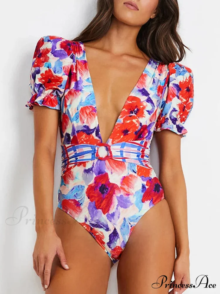 Deep-neck Patterned Puffy Sleeve Swimsuit Single Piece - Image 3