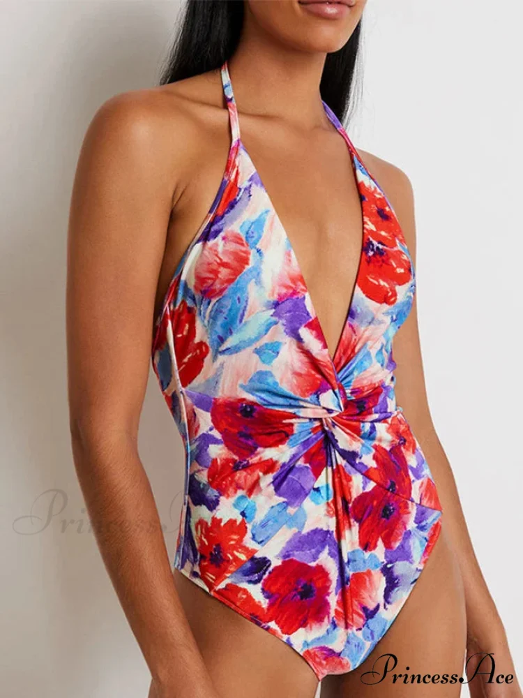 Deep-neck Patterned Puffy Sleeve Swimsuit Single Piece - Image 4