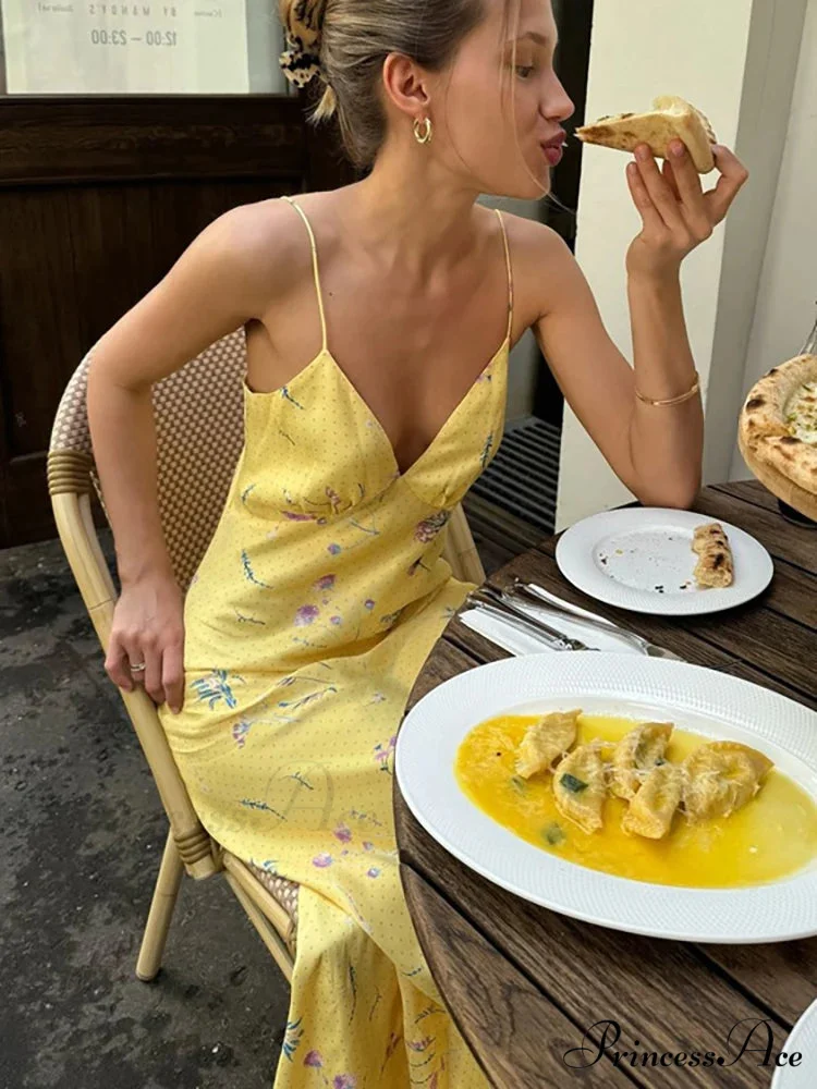 Deep-neck Printed Flower Yellow Holiday Dress - Image 2