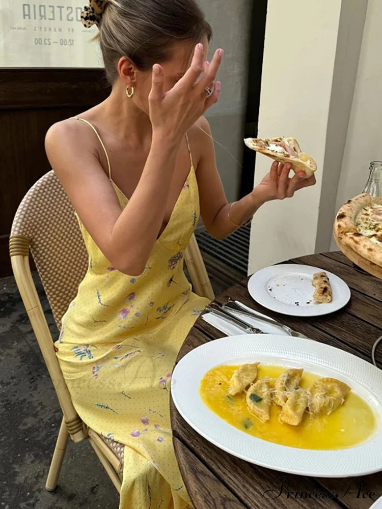 Deep-neck Printed Flower Yellow Holiday Dress - Image 4