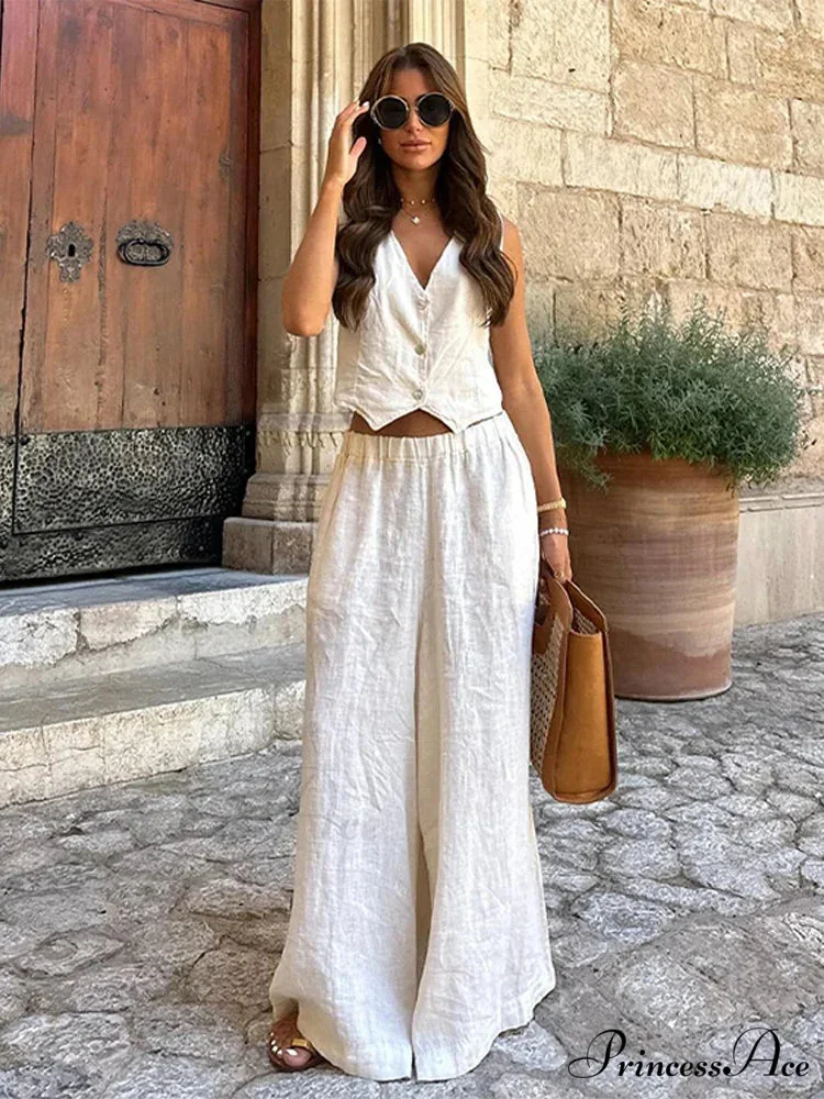 Deep-neck Sleeveless Broad Leg Workplace Two Piece Set - Image 2