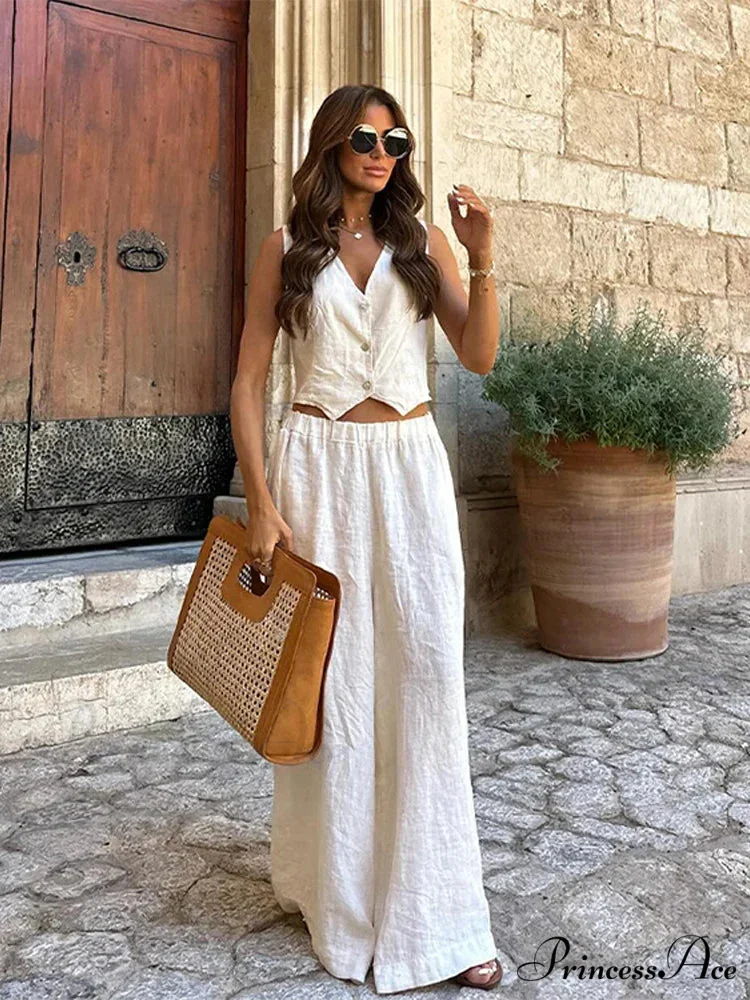 Deep-neck Sleeveless Broad Leg Workplace Two Piece Set - Image 3