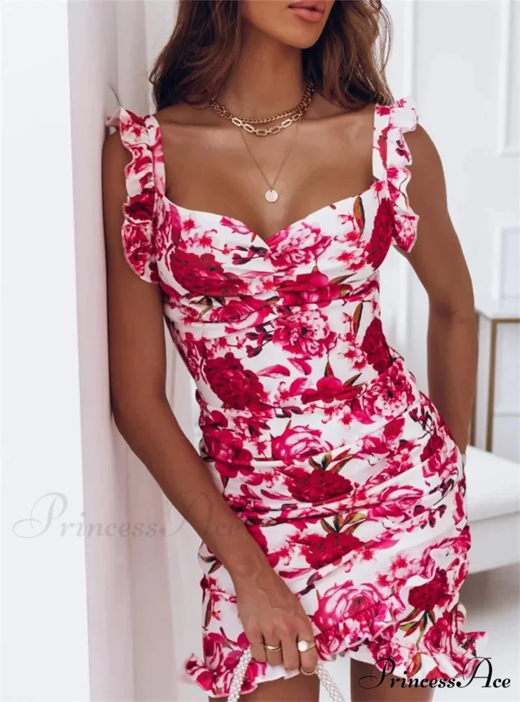 Deep-neck Sleeveless Frill Botanical Printed Bodycon Botanical Dress - Image 2