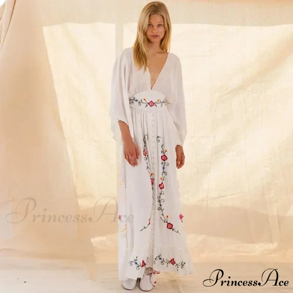 Deep-neck Stitched Blossom Vintage Ethnic Boho Dress - Image 2