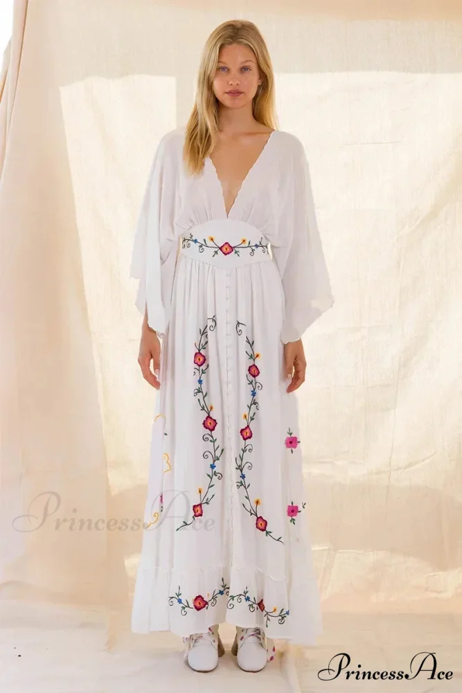 Deep-neck Stitched Blossom Vintage Ethnic Boho Dress - Image 3