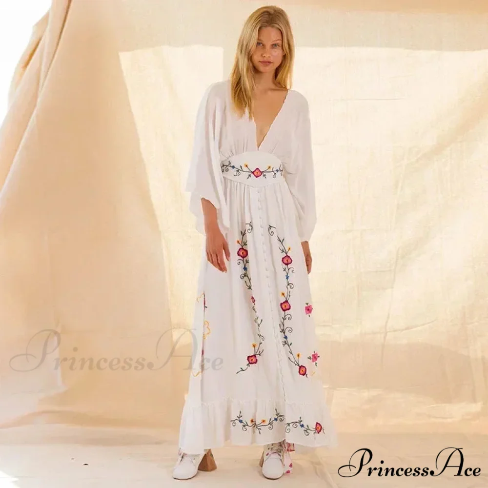 Deep-neck Stitched Blossom Vintage Ethnic Boho Dress - Image 4