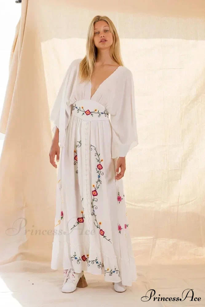 Deep-neck Stitched Blossom Vintage Ethnic Boho Dress - Image 6