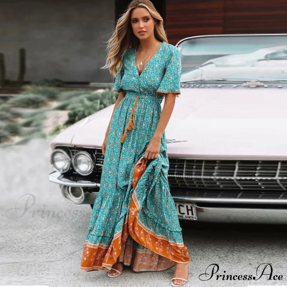 Deep Plunge Floral Bohemian Summer Dress - Image 2