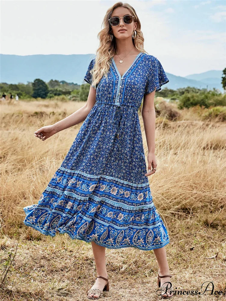 Deep Plunge Floral Button Pleated Maxi Boho Dress - Image 2