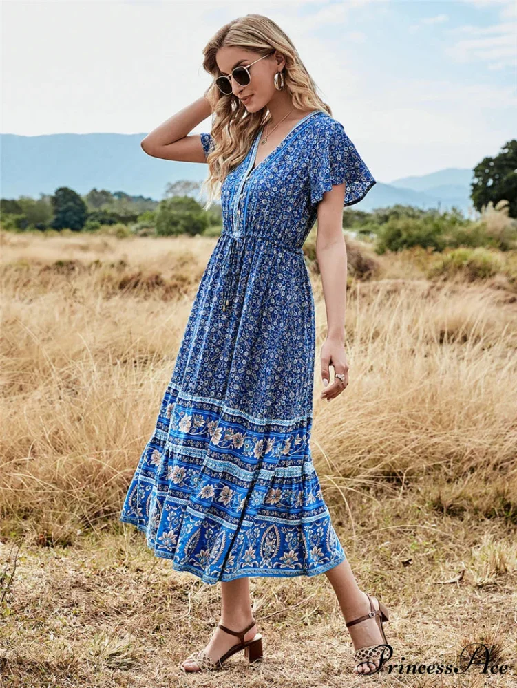 Deep Plunge Floral Button Pleated Maxi Boho Dress - Image 3