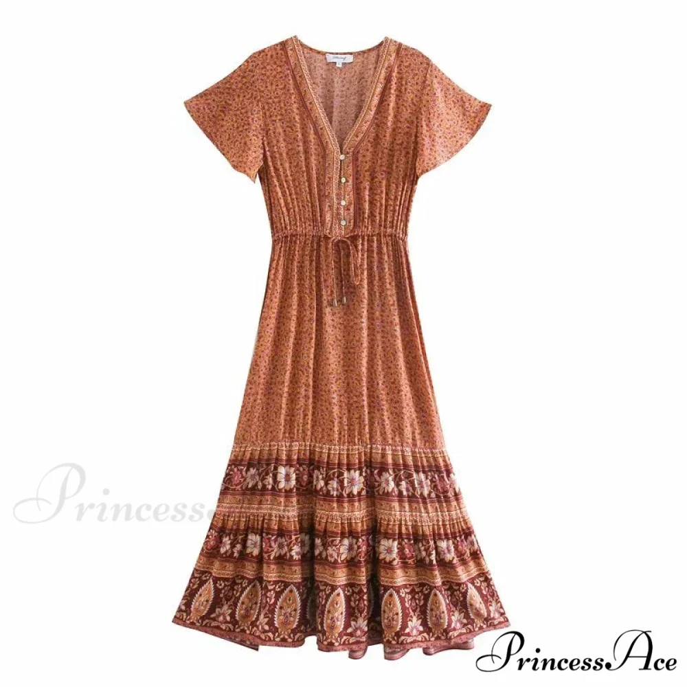 Deep Plunge Floral Button Pleated Maxi Boho Dress - Image 4