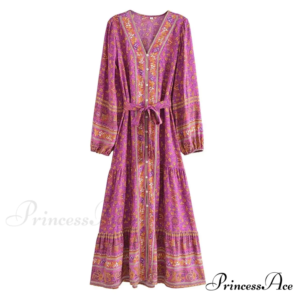 Deep Plunge Floral Long Sleeve Cotton Bohemian Dress - Image 2