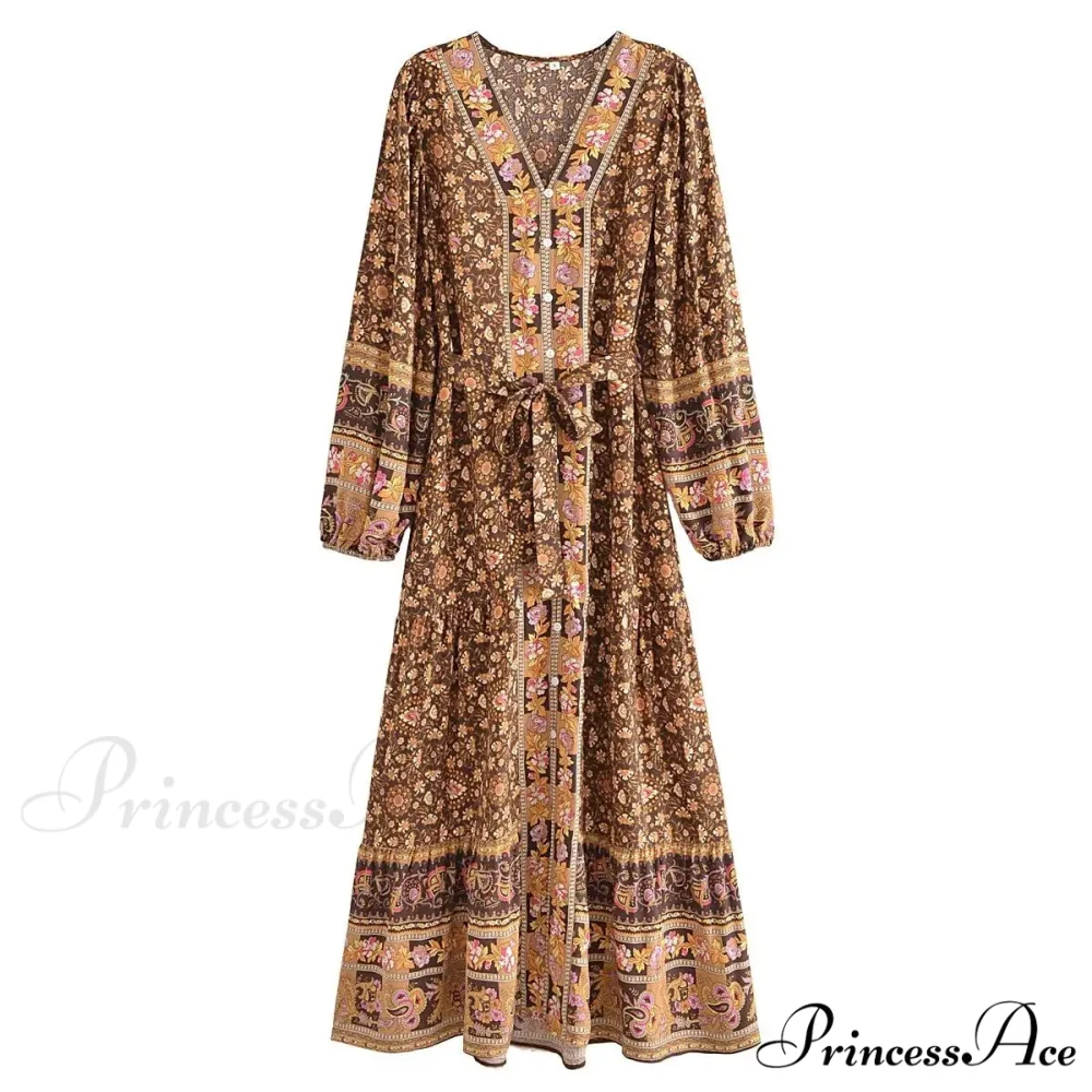 Deep Plunge Floral Long Sleeve Cotton Bohemian Dress - Image 3