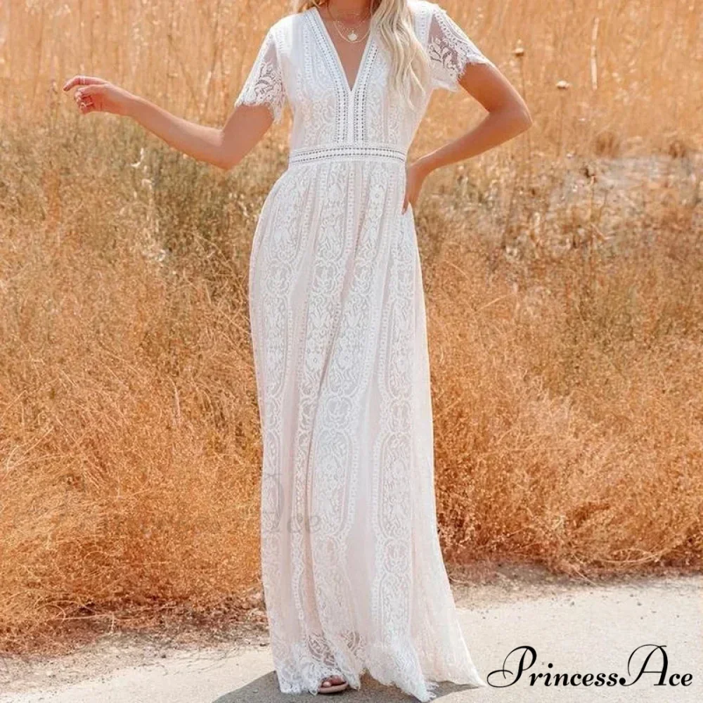 Deep Plunge Neck Lace Empty Outdated White Boho Dress - Image 2