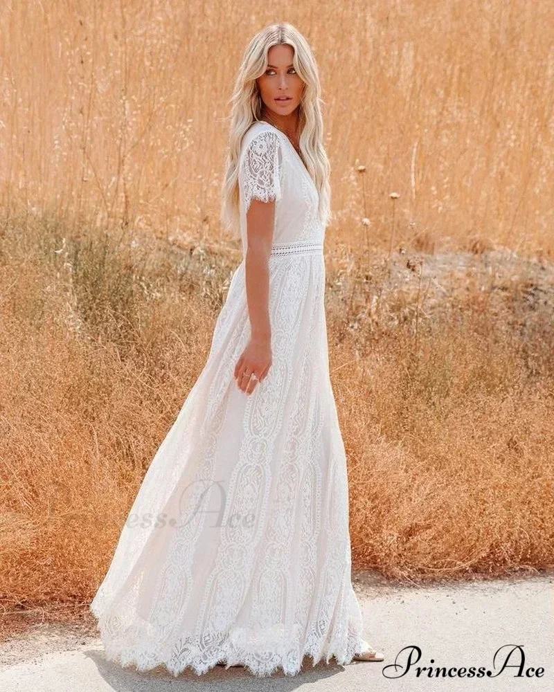 Deep Plunge Neck Lace Empty Outdated White Boho Dress - Image 3