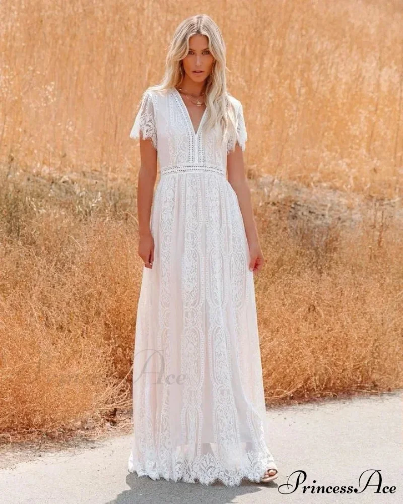 Deep Plunge Neck Lace Empty Outdated White Boho Dress - Image 5