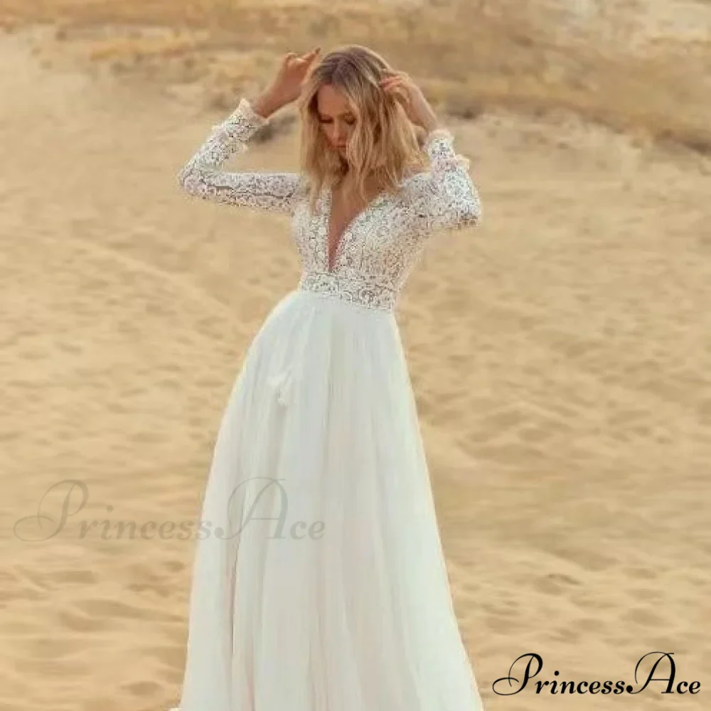 Deep Plunge Neckline Extended Sleeve Lace Bridal Gown - Image 2