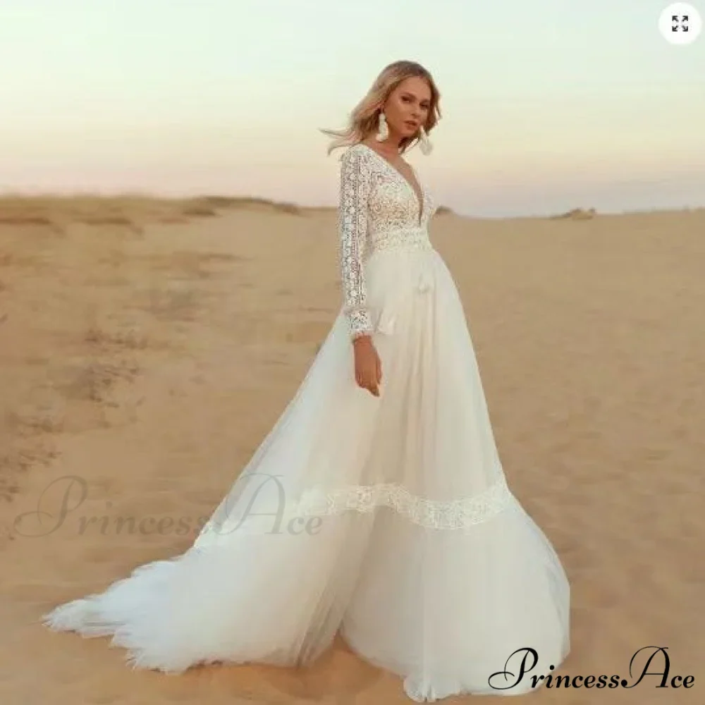 Deep Plunge Neckline Extended Sleeve Lace Bridal Gown - Image 3