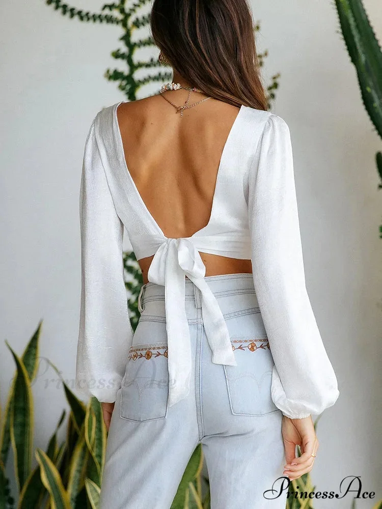 Deep V Slice Out Back Tie Backless Puff Sleeve White Blouse - Image 2