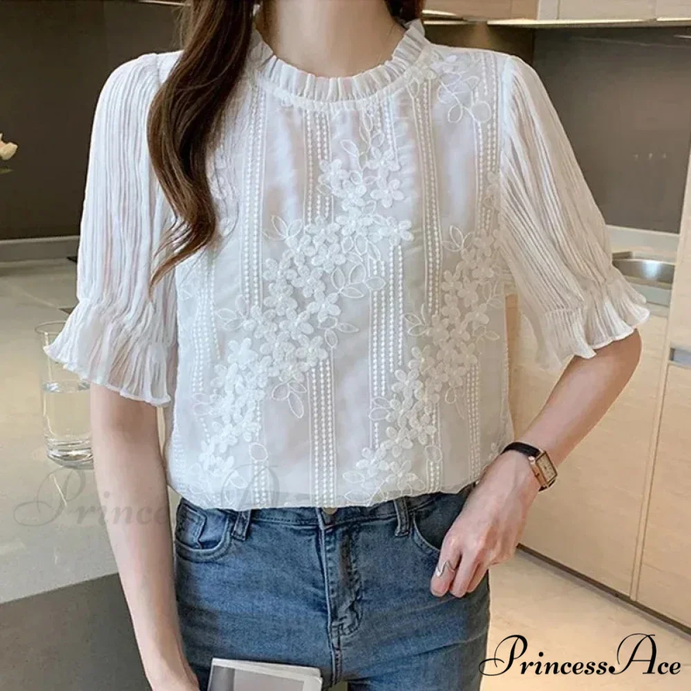 Delicate Chiffon Short Sleeve Embroidered Blouse - Image 2